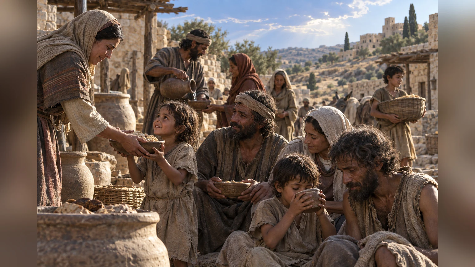 Famine-stricken neighbors receive food and water.