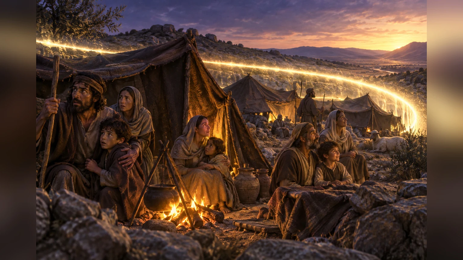 A luminous protective presence encircles a frightened camp.