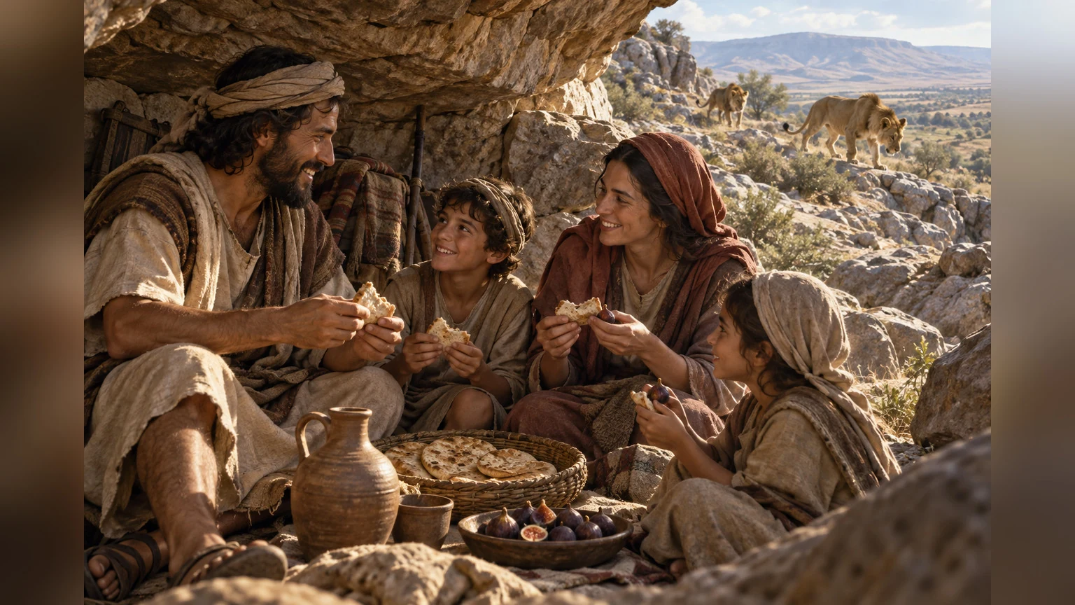 Travelers share food in refuge while lions search beyond.