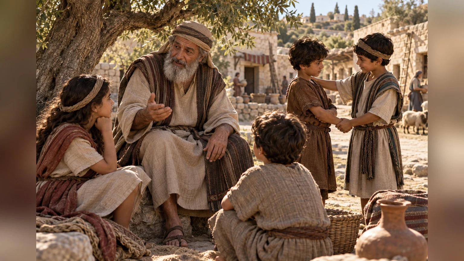 An elder teaches children to pursue peace.