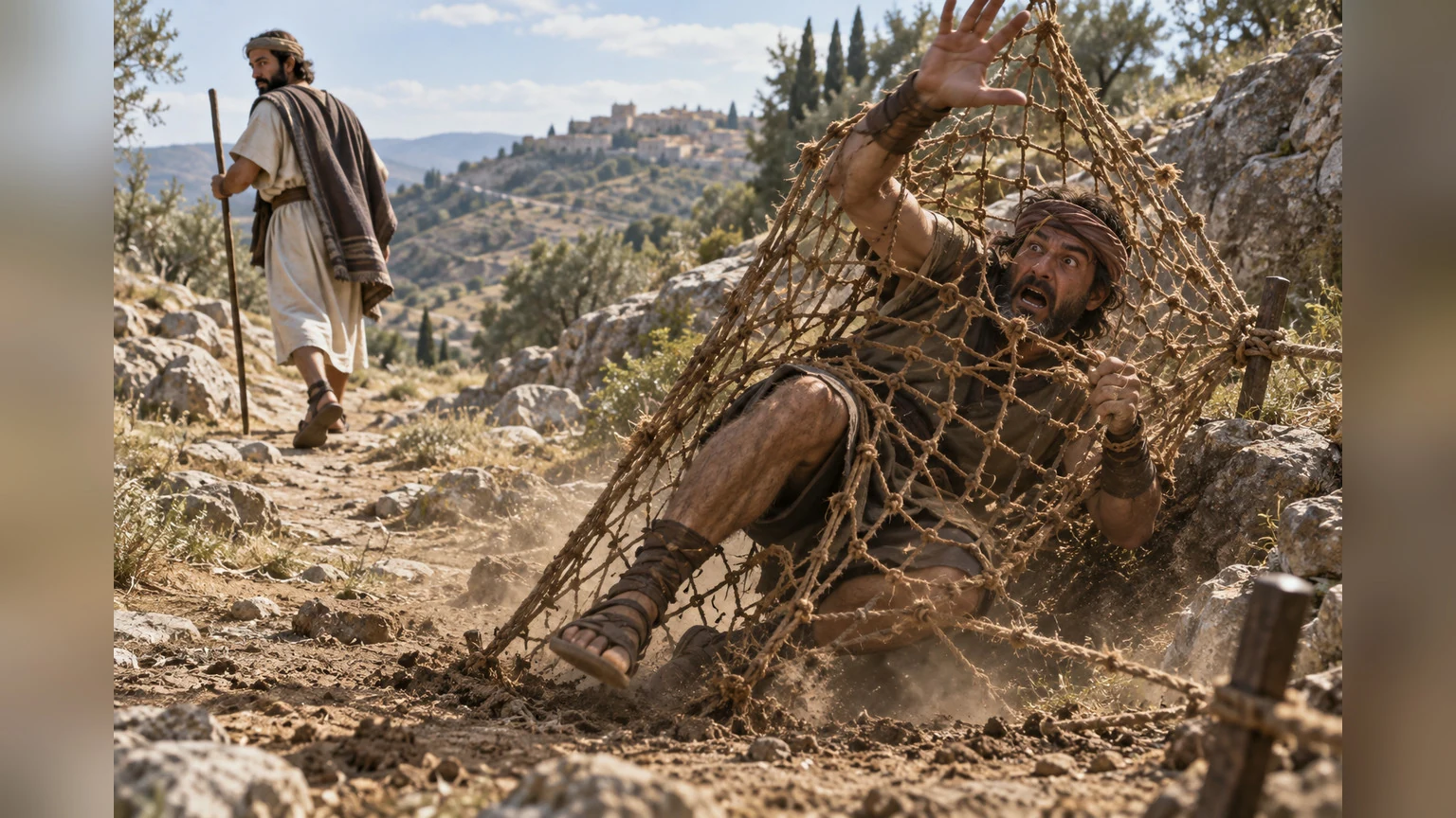 A hidden rope net catches its trapmaker.