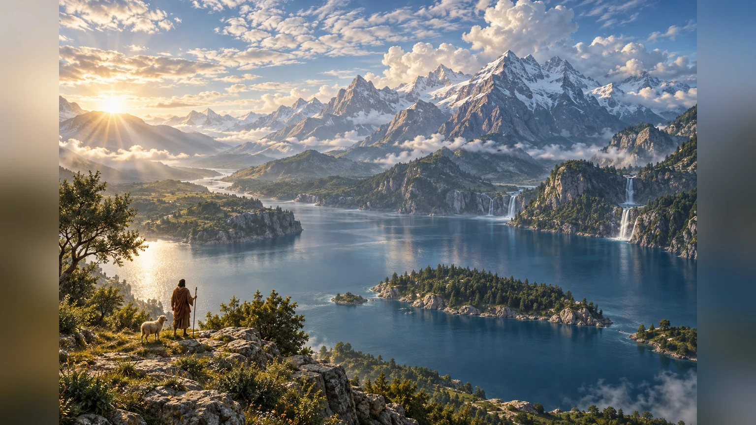 Clouds, mountains and deep water dwarf a person and animal.