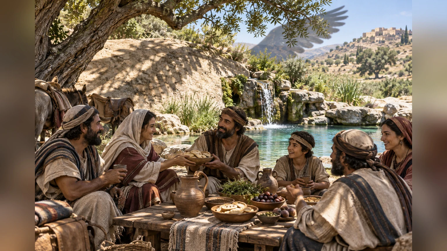 Travelers share a meal beside a luminous spring and a wing-shaped shadow.