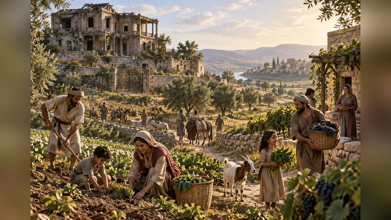 Humble families cultivate land beside an abandoned estate.