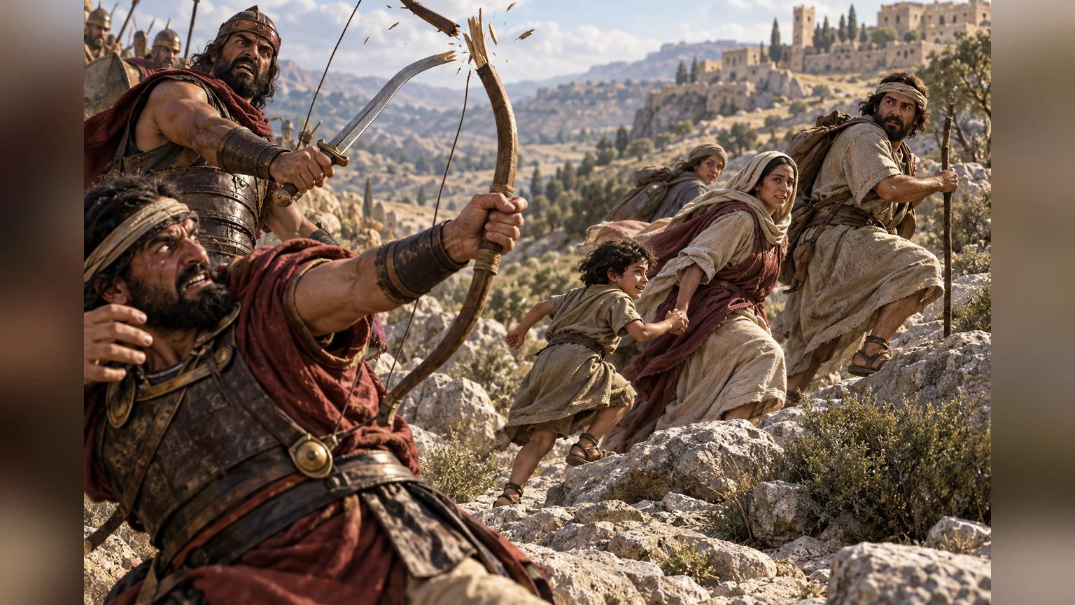 An attack fails as a bow snaps and the poor escape.