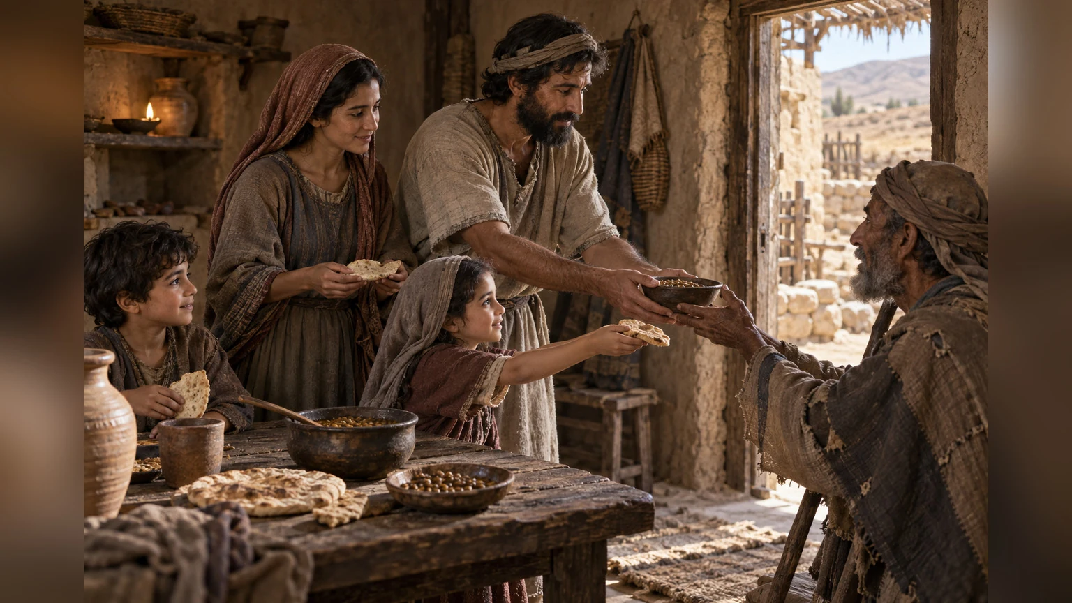 A modest household shares enough food during a hard season.