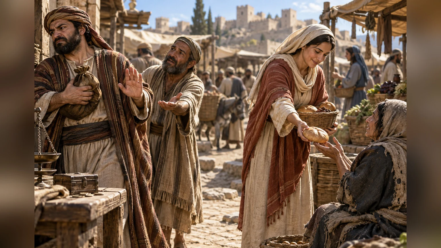 A borrower withholds payment while a giver offers food.