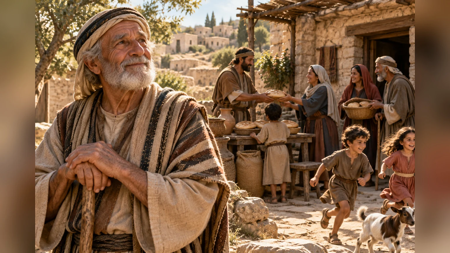 An elder watches a generous household and its children.