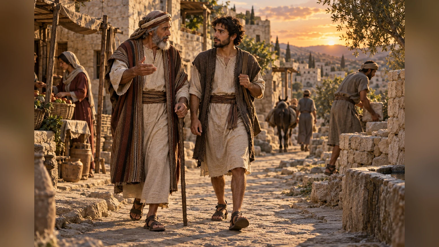 Wise counsel accompanies steady footsteps through a village.
