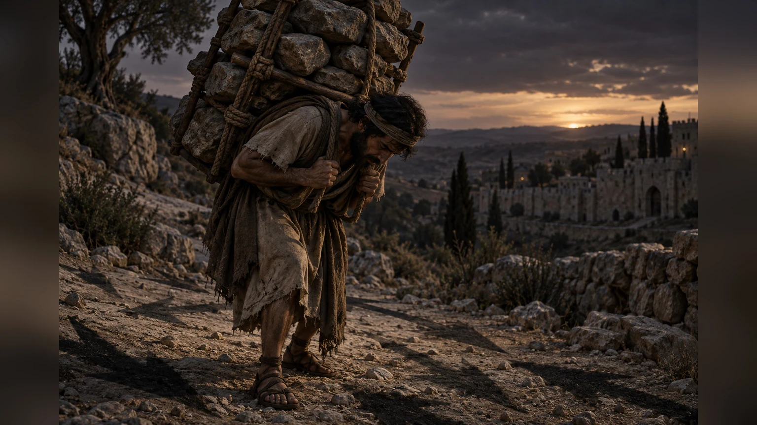 A bowed sufferer carries a crushing burden of stones.