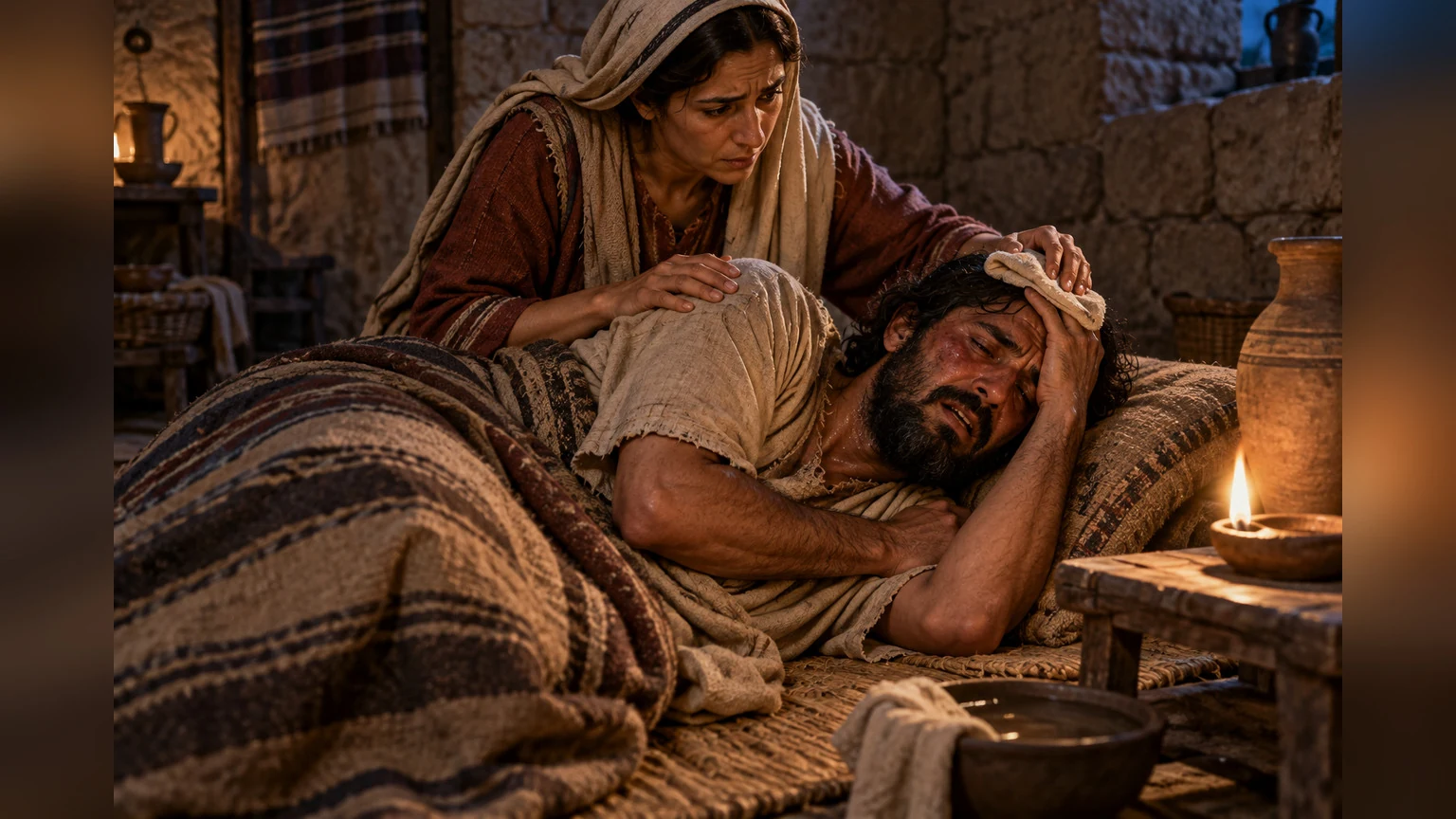 An ill person groans on a mat while a loved one keeps watch.