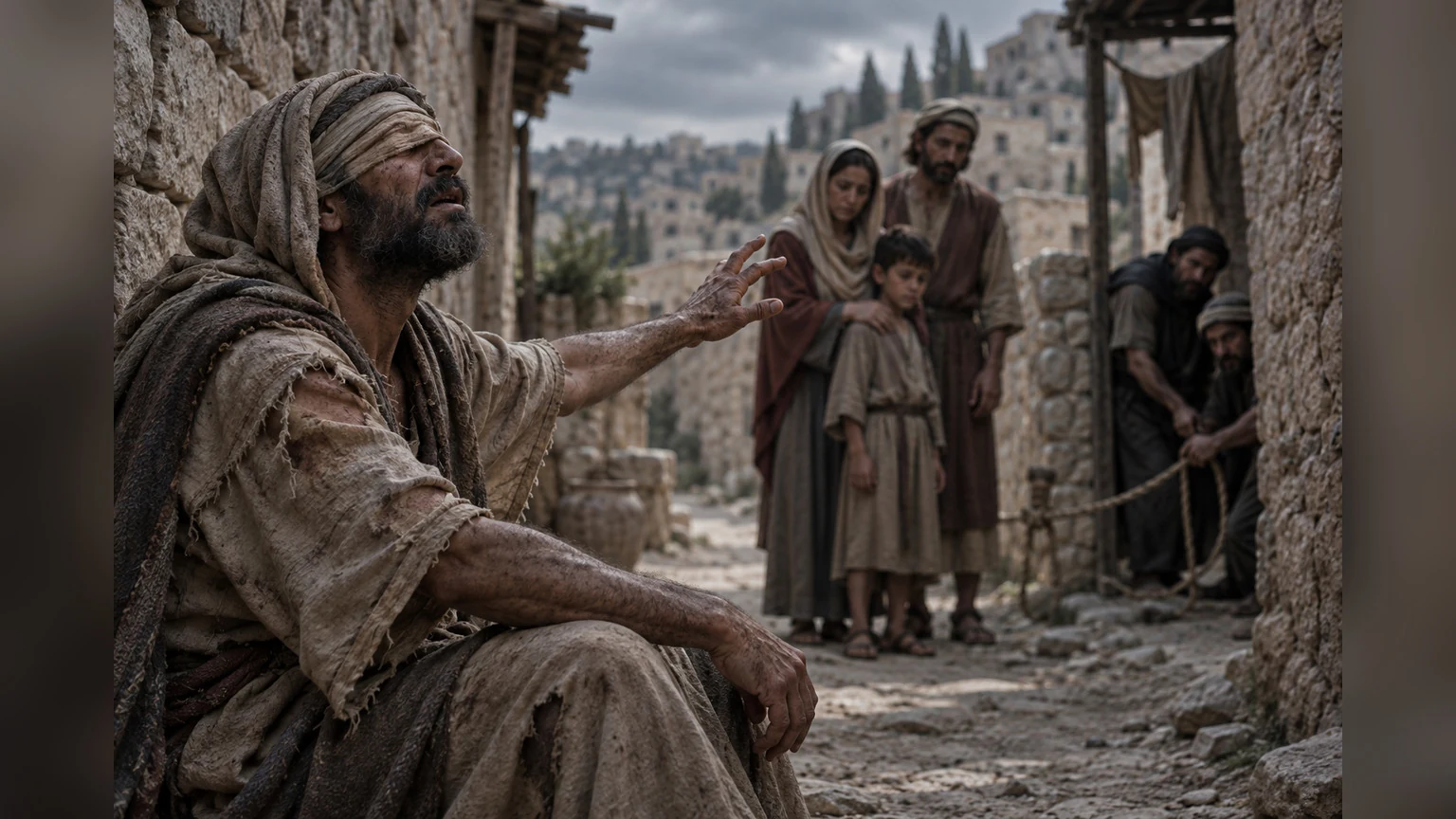 The sufferer looks toward distant friends as enemies set a trap.