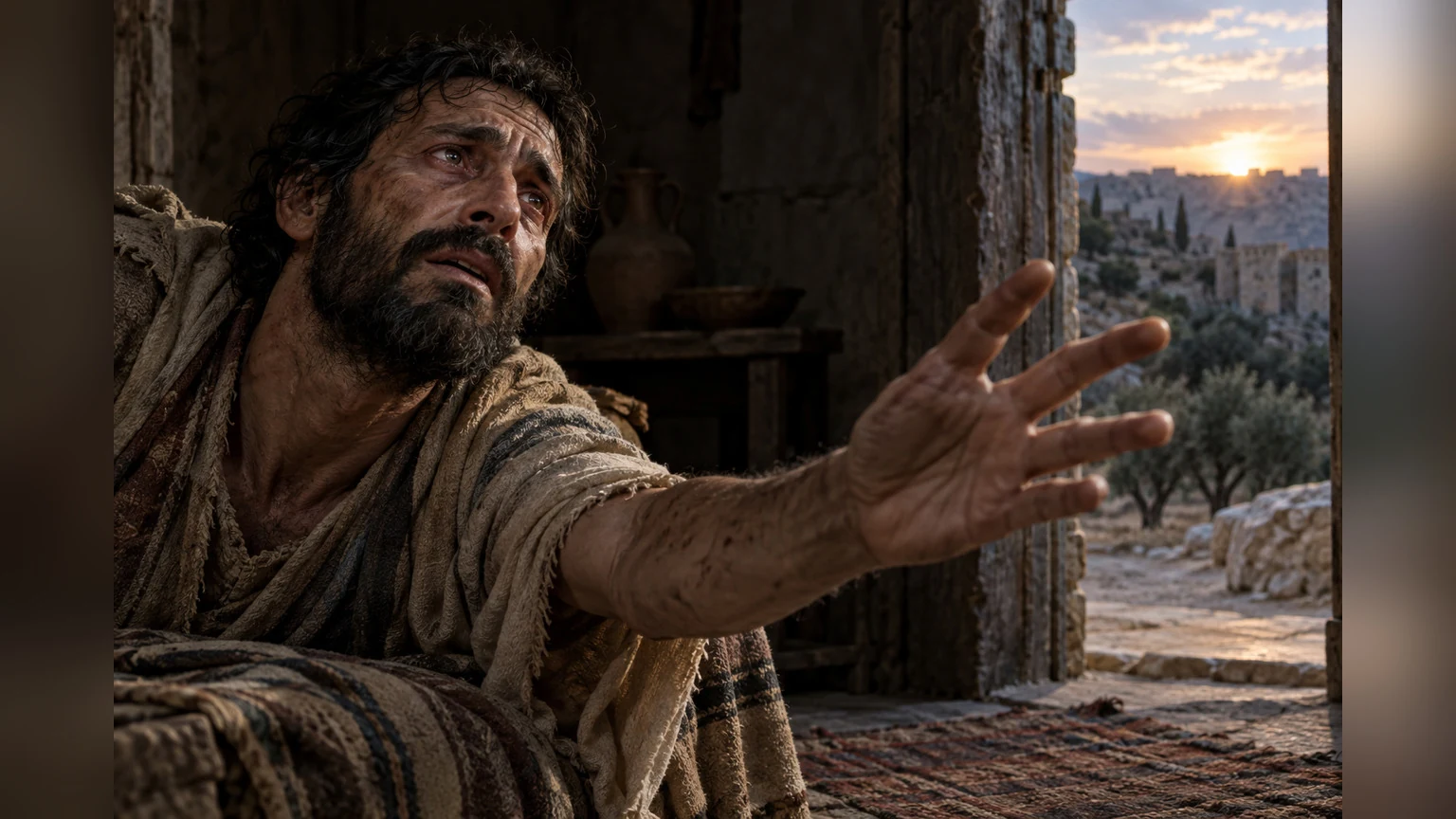 An urgent hand reaches into open space from a dim doorway.