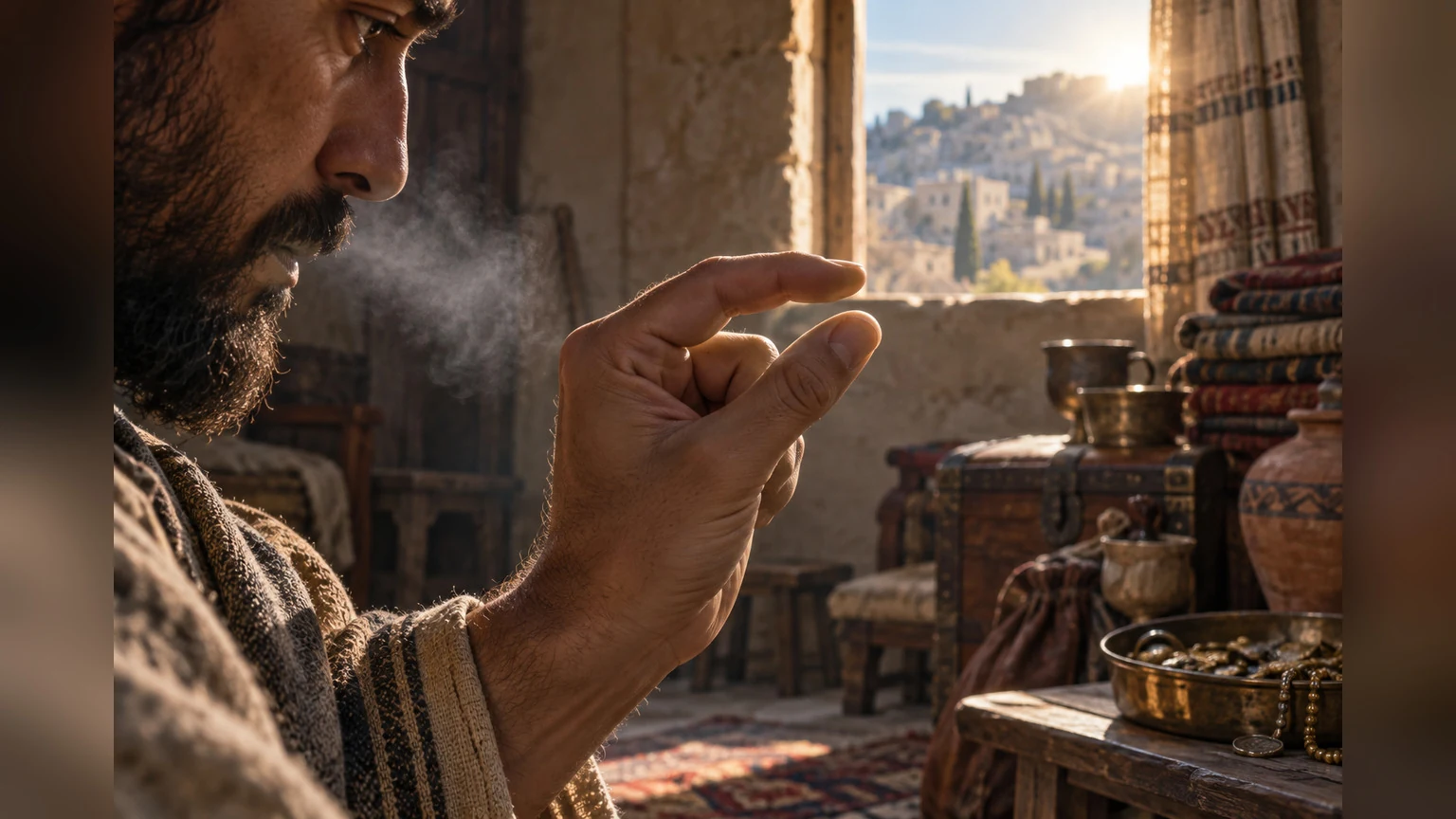 A hand measures a small span beside fading breath and possessions.