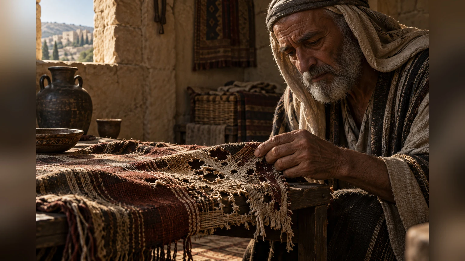 A worn hand touches moth-damaged treasured cloth.