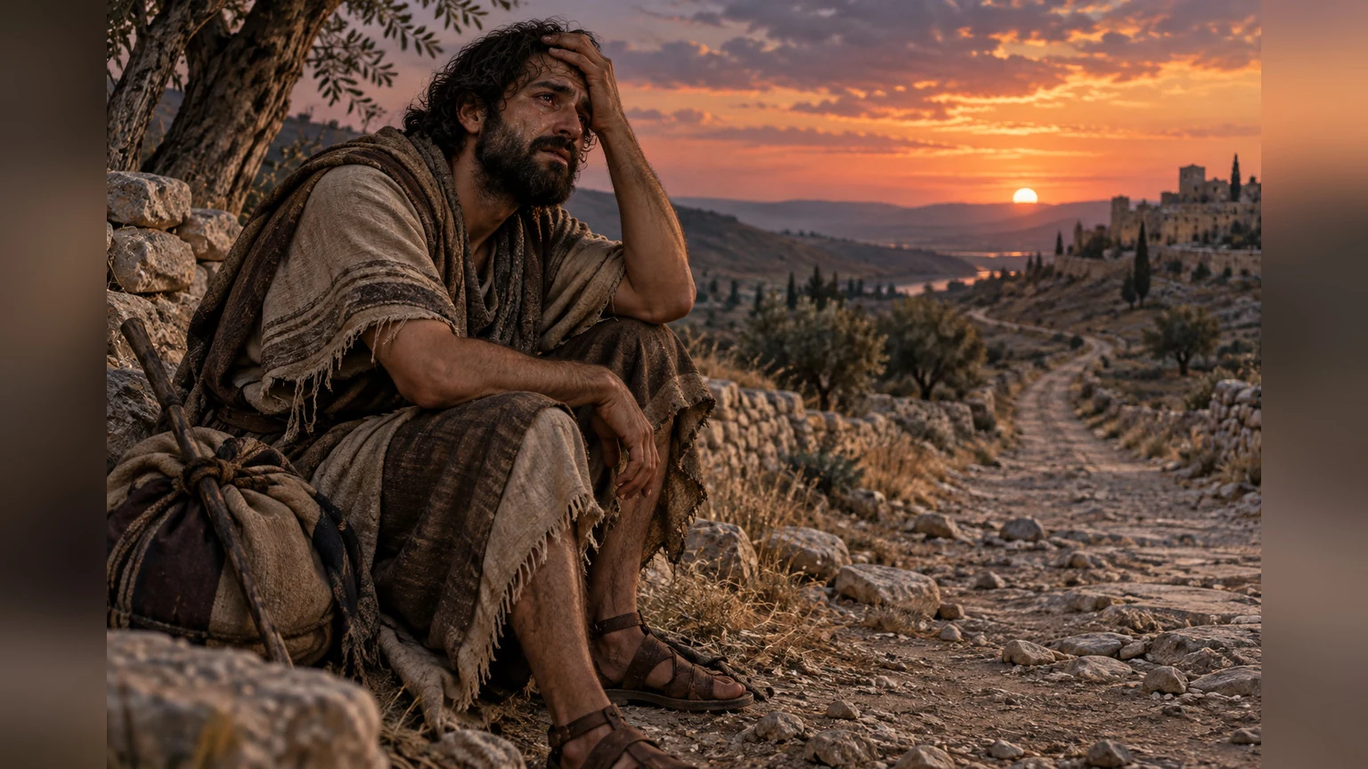 A tearful traveler pauses before a road disappearing from view.