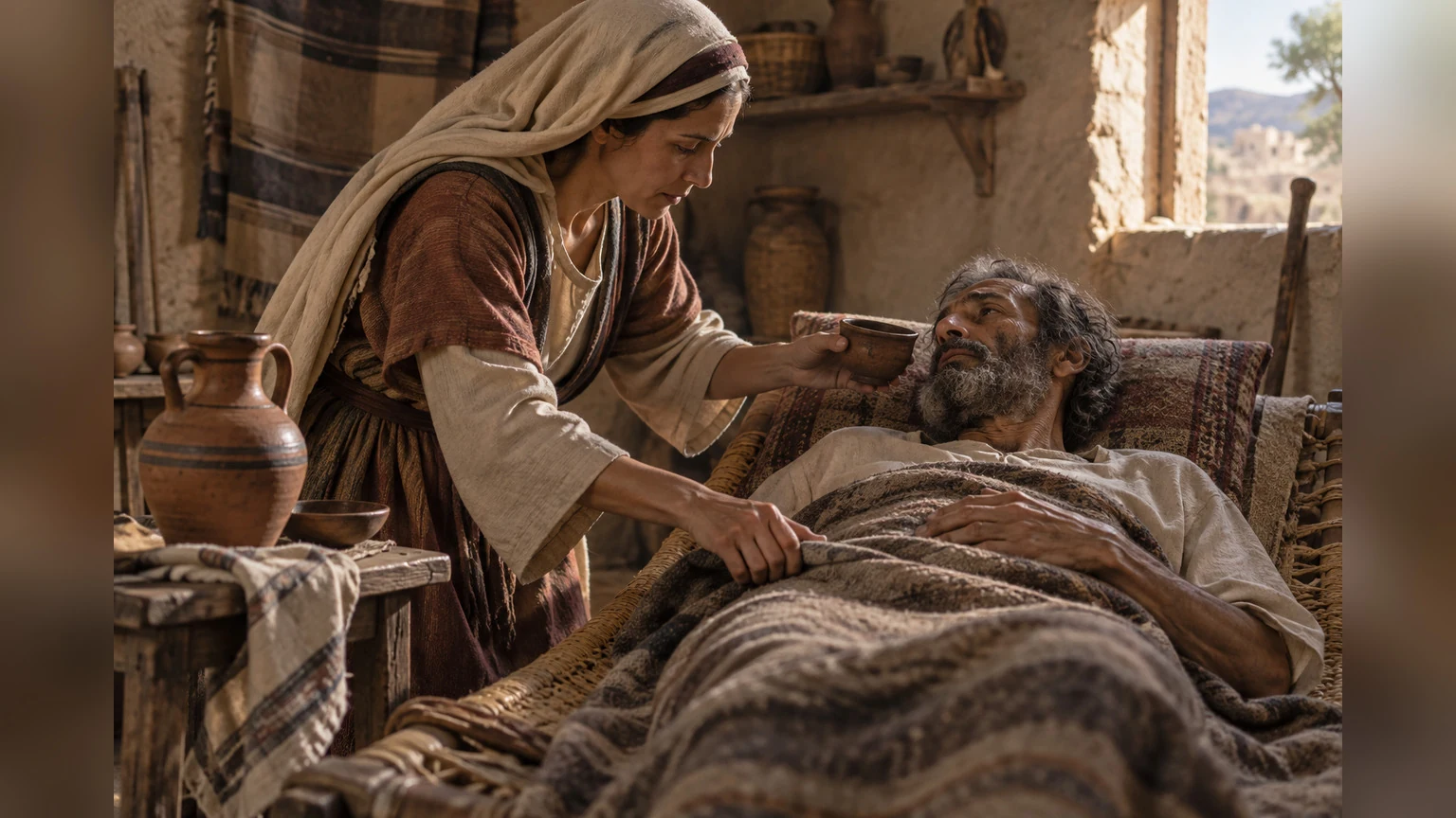A caregiver offers water and adjusts a sick person's bed.
