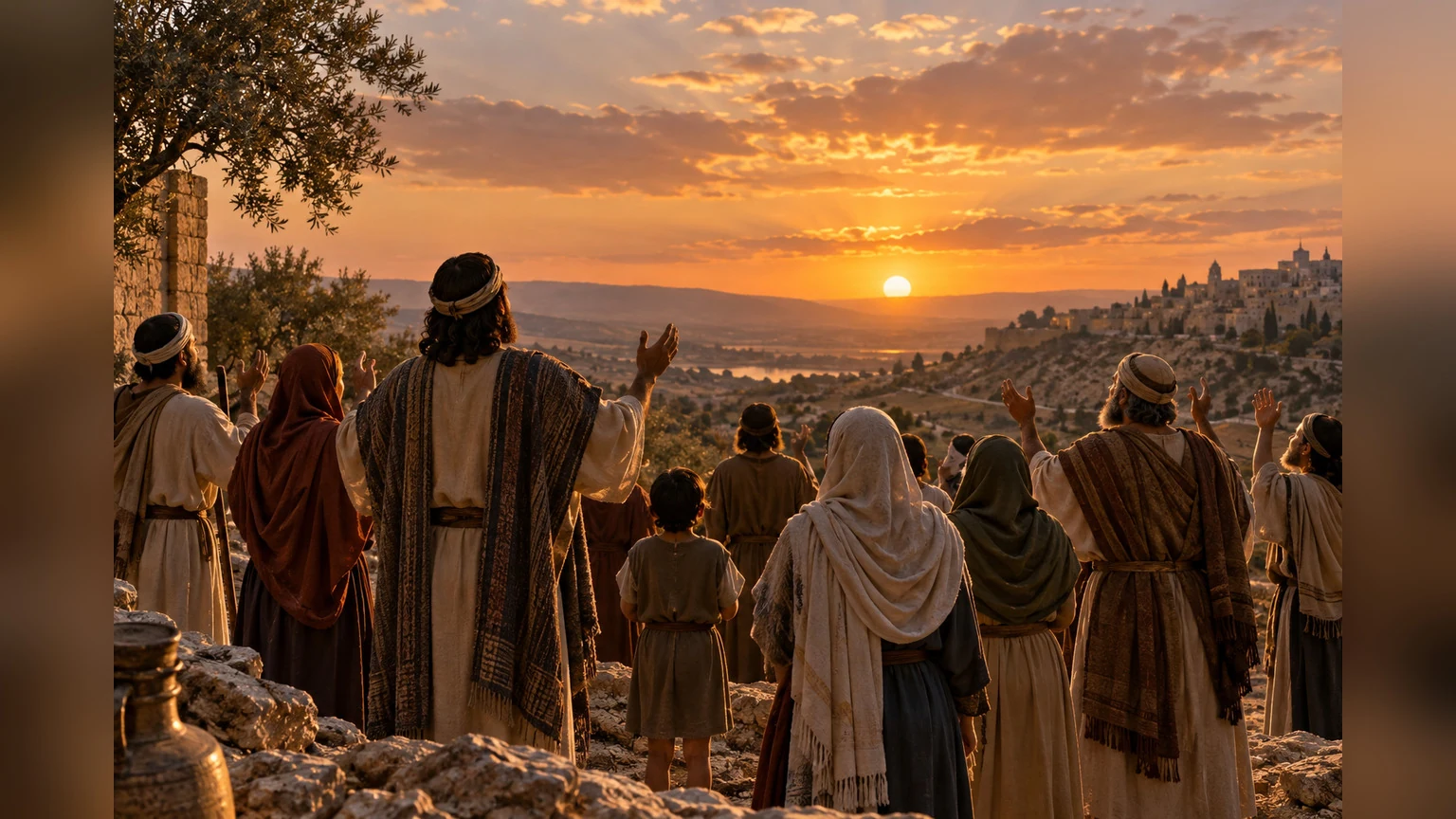 An assembly pauses in reverent blessing at sunset.