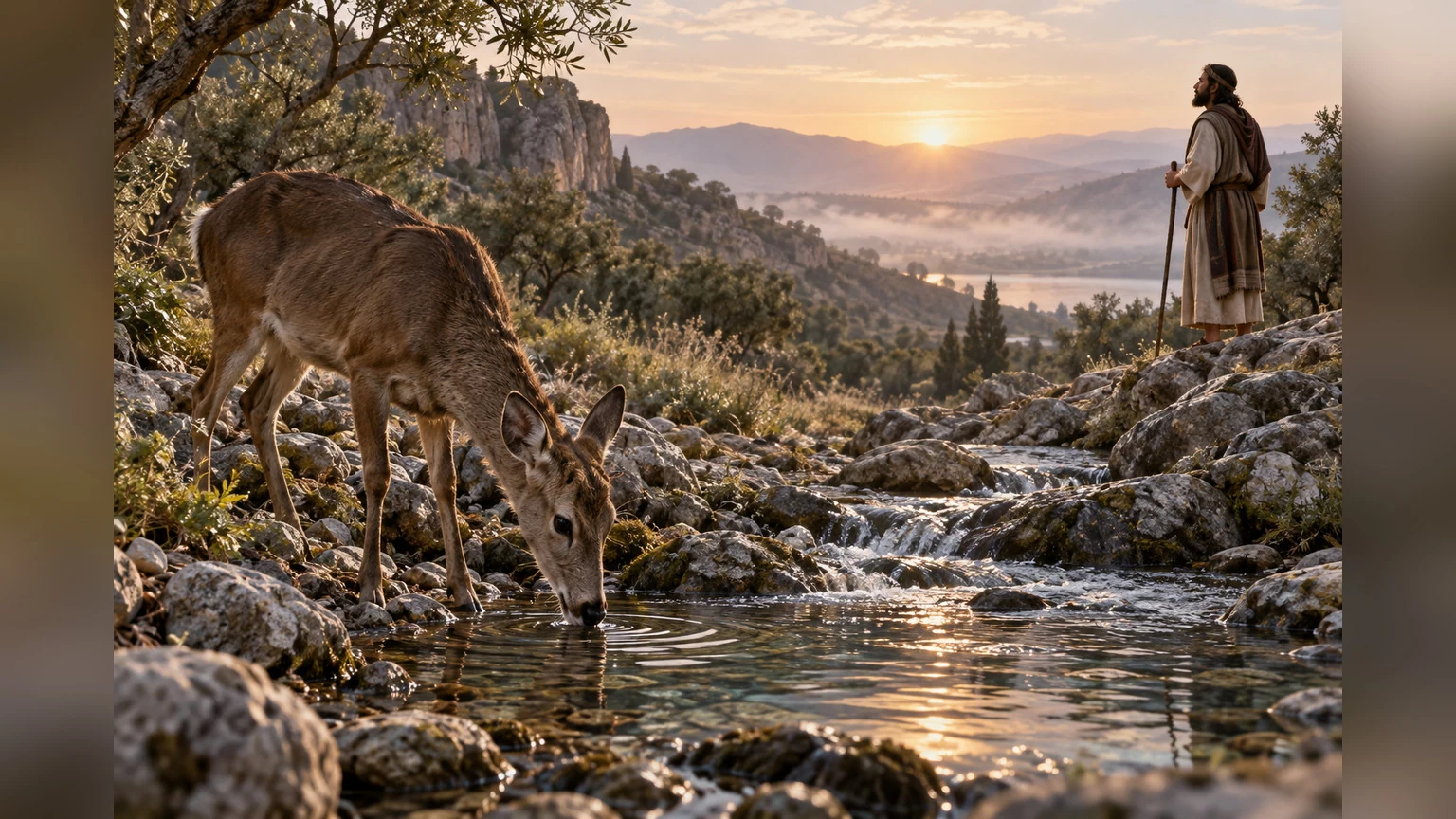 A thirsty deer approaches a stream while a worshiper watches.