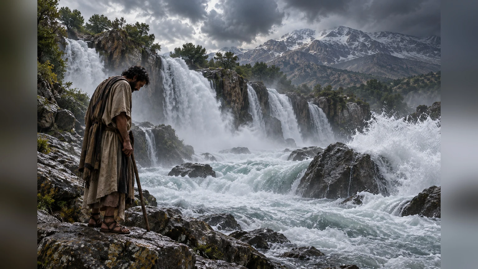 Waterfalls and floodwater overwhelm a downcast speaker.