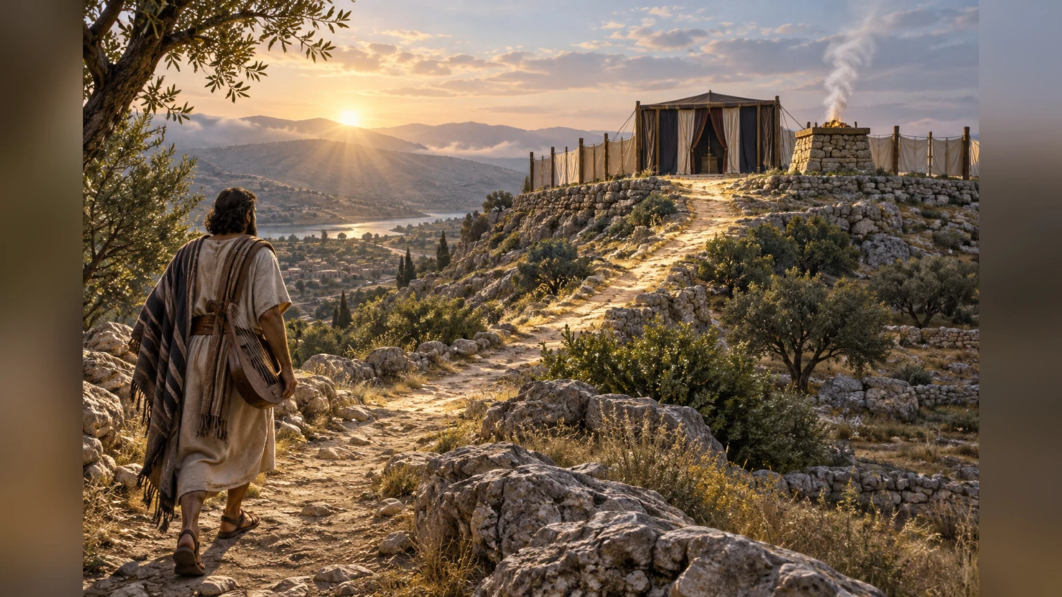 Light marks a path up the holy mountain toward an altar and lyre.