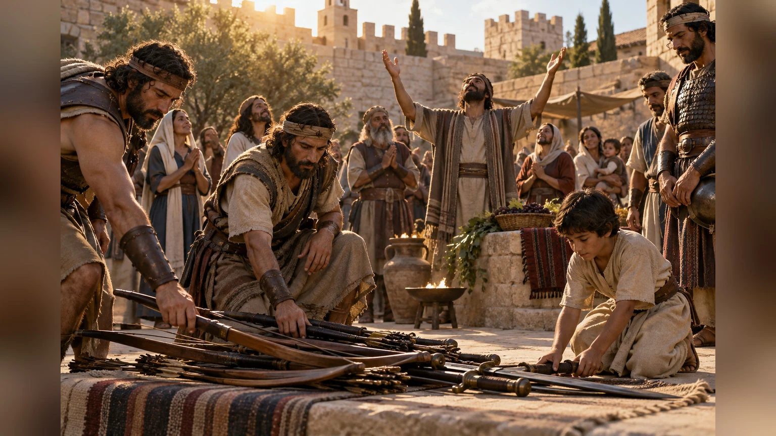 A community lowers weapons and gives thanks.