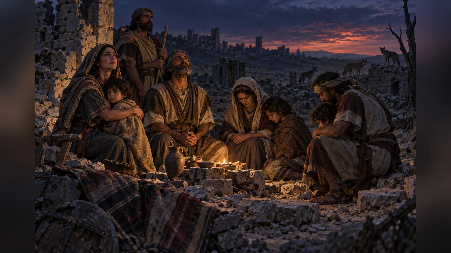 The people hold together amid ruins and distant jackals.