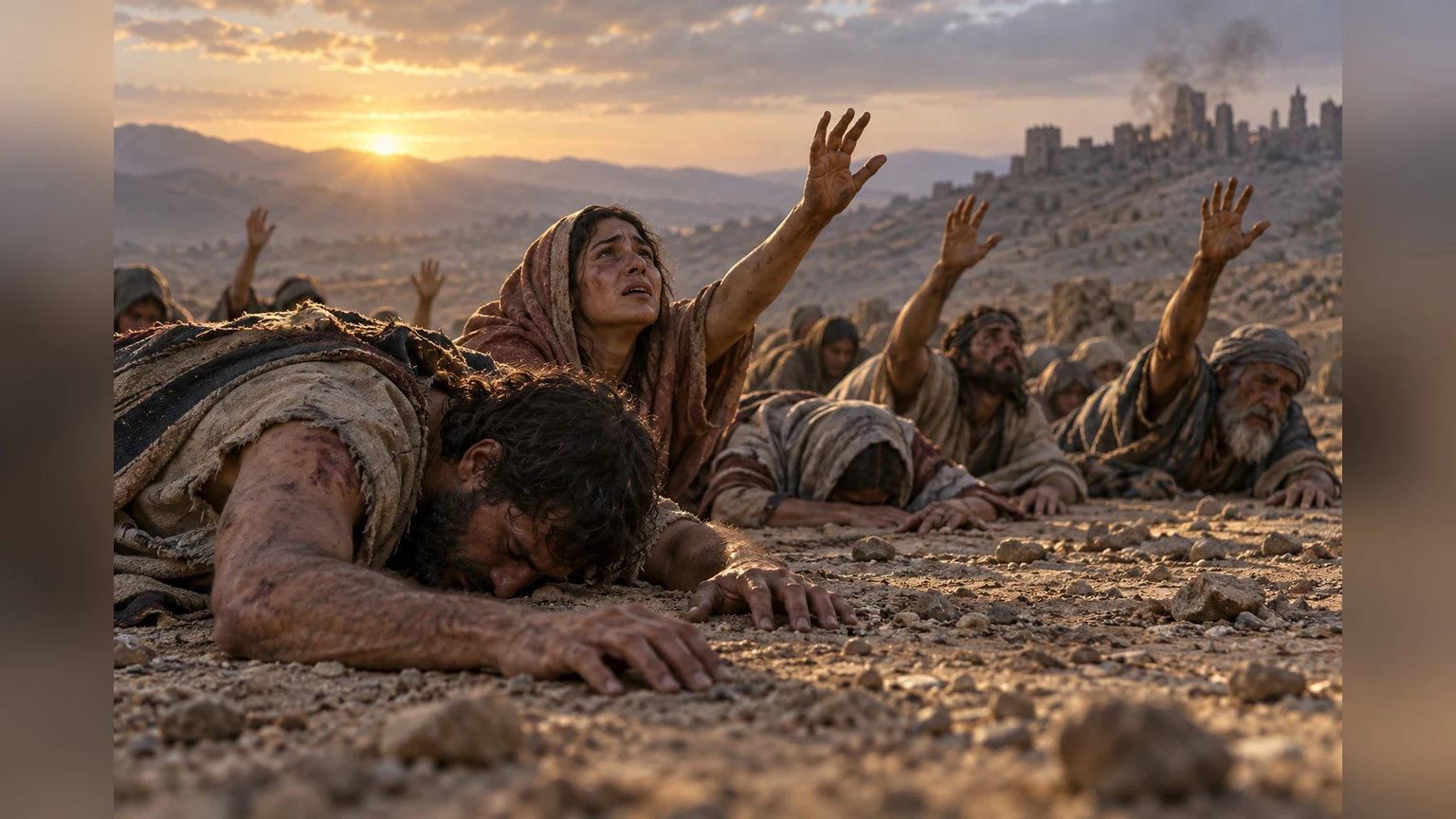 Bodies lie in dust while hands rise in an unanswered plea.