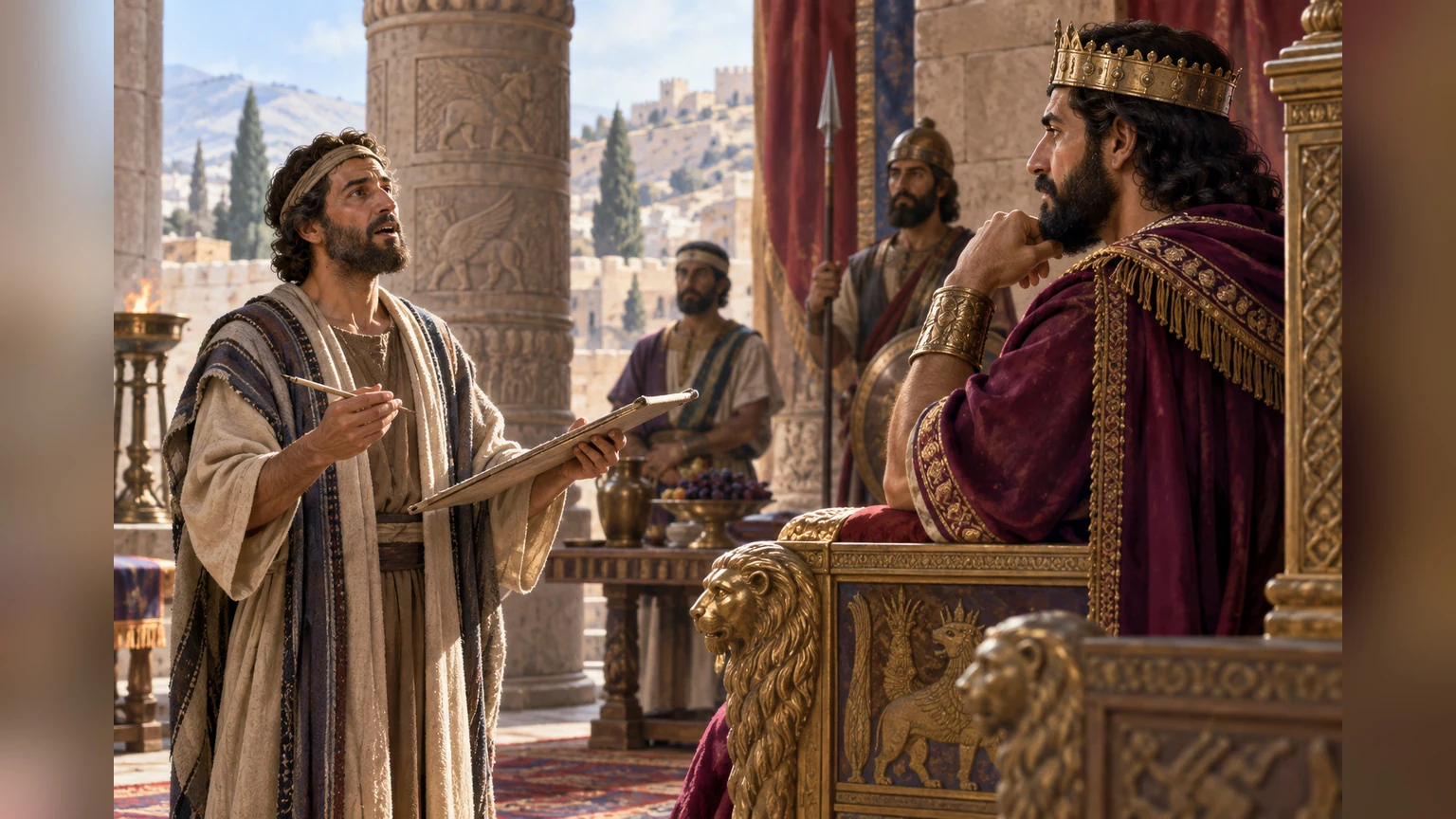 A court poet speaks with reed pen in hand before a king.