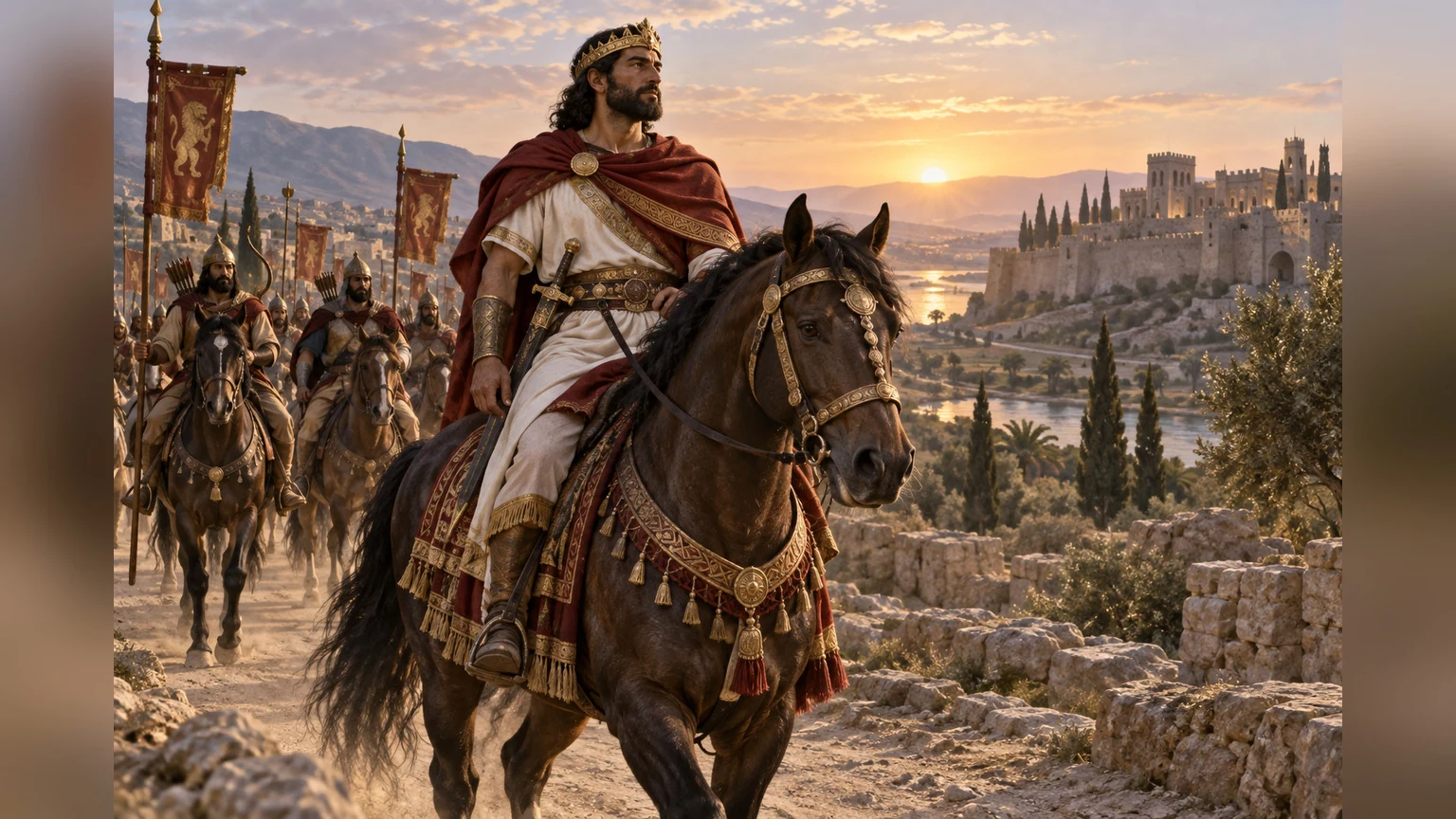 A royal warrior rides in a ceremonial procession.