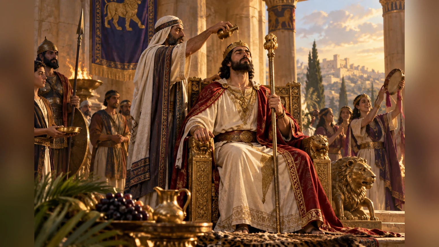 A king receives anointing oil beside an upright scepter.