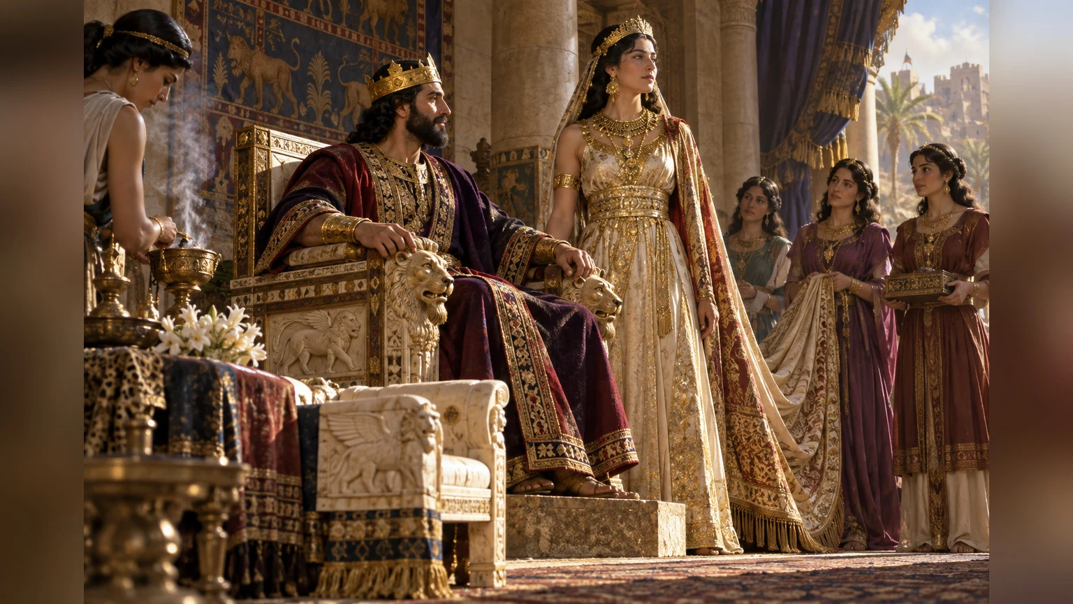 Fragrant garments and a palace frame the queen in gold.