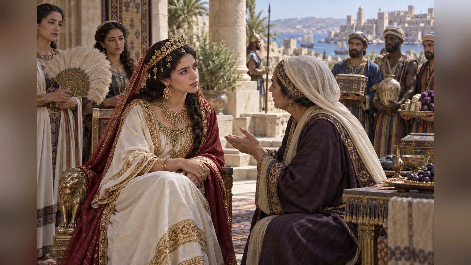 A bride listens to counsel as envoys bring gifts.