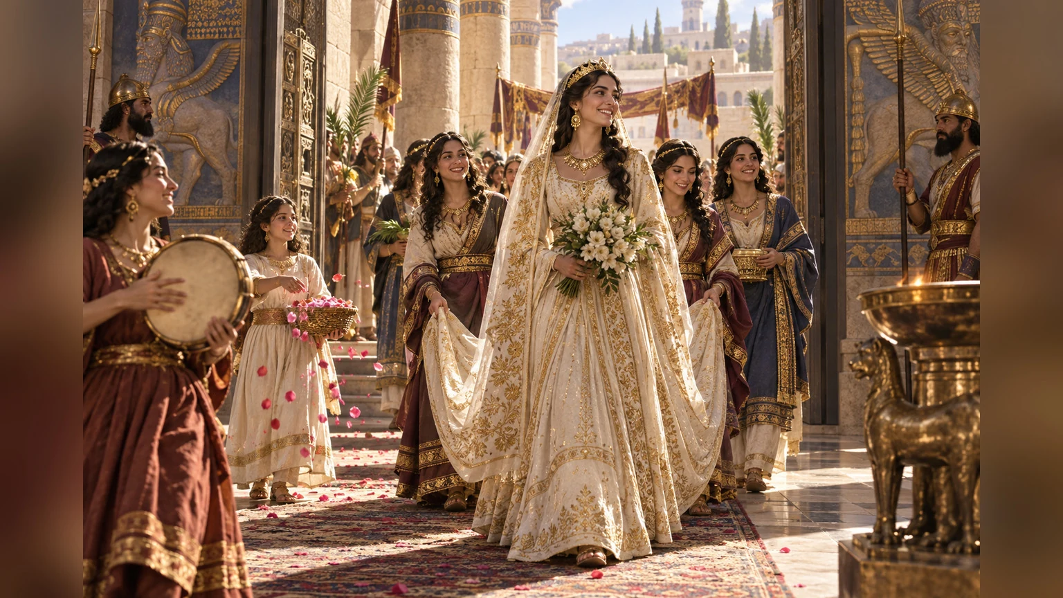 An embroidered bridal procession enters the palace.