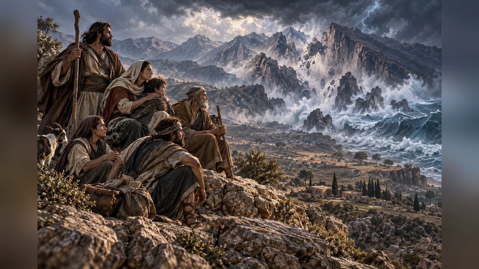 A sheltered group remains steady as mountains fall toward foaming seas.