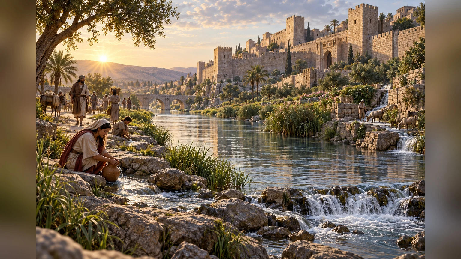 A calm river nourishes a fortified city at dawn.