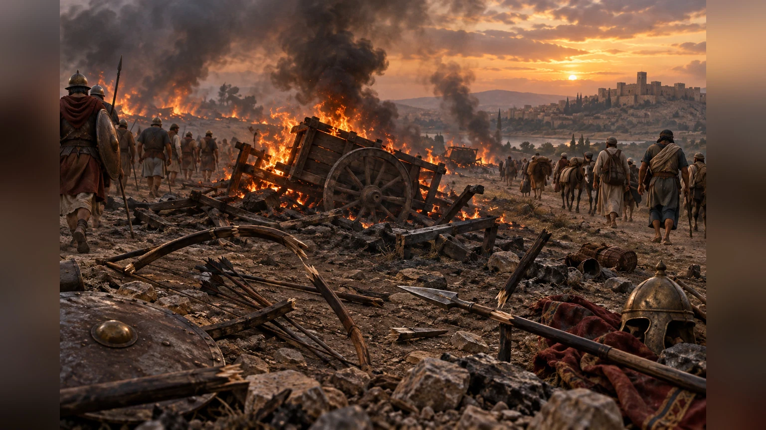 Broken bows and burning wagons mark the end of battle.