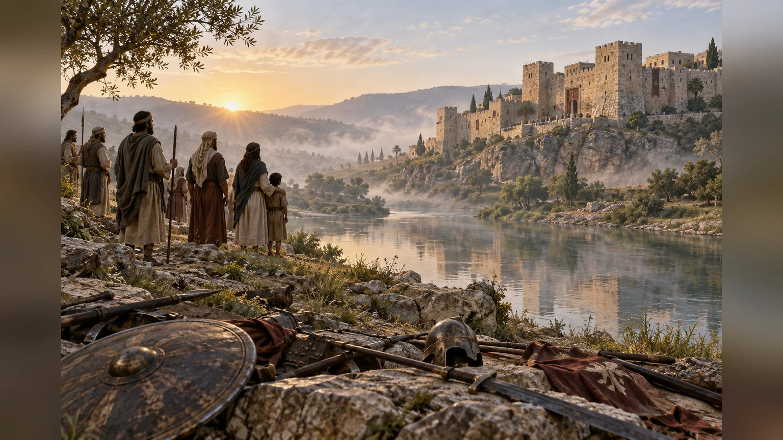 People stand still above a quiet river in the aftermath of war.
