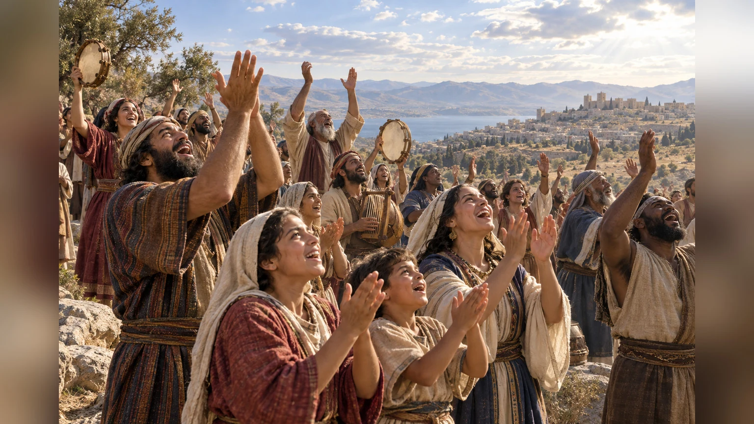 Many peoples clap and shout in an outdoor gathering.