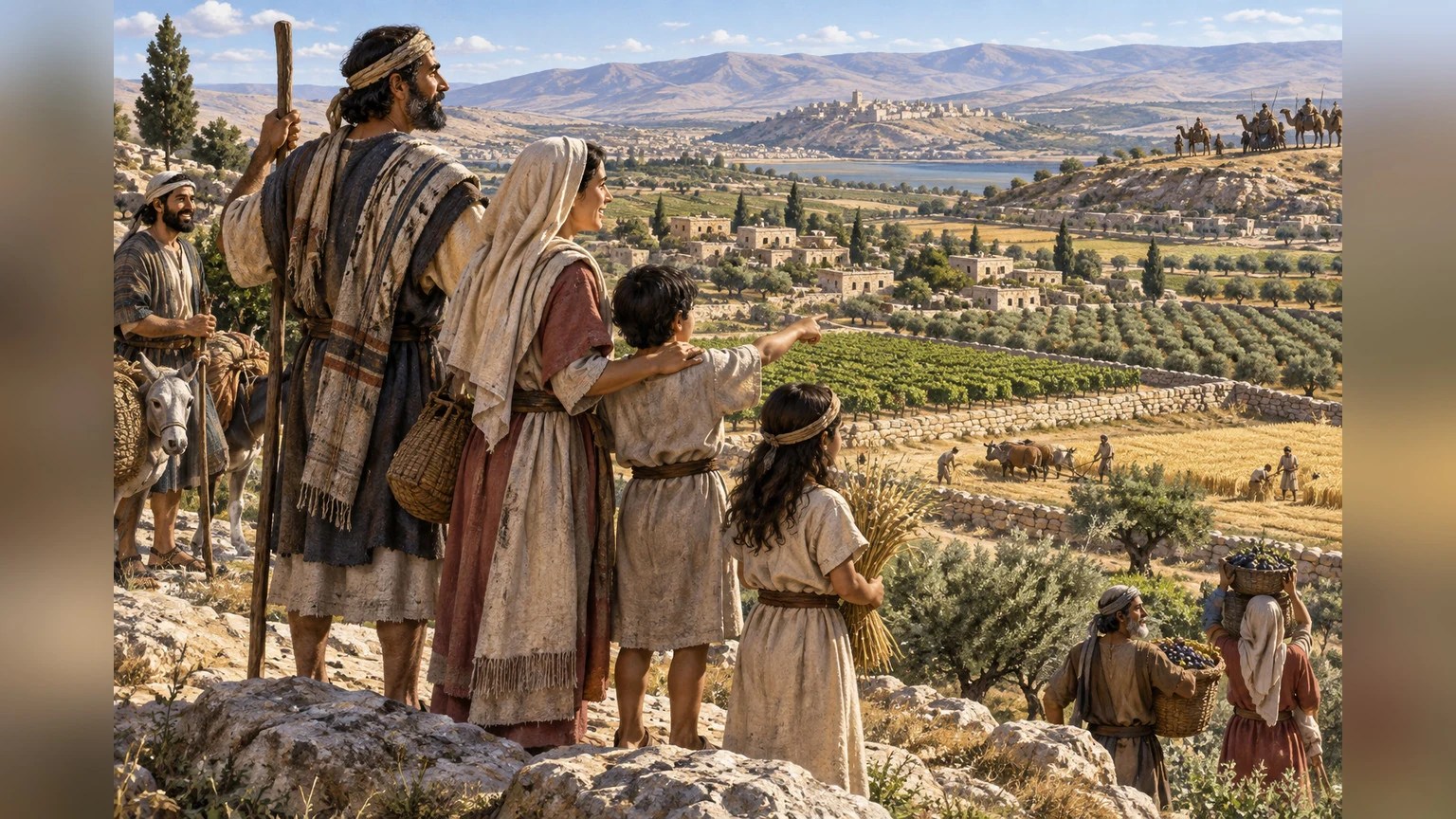 A grateful community looks across cultivated land.