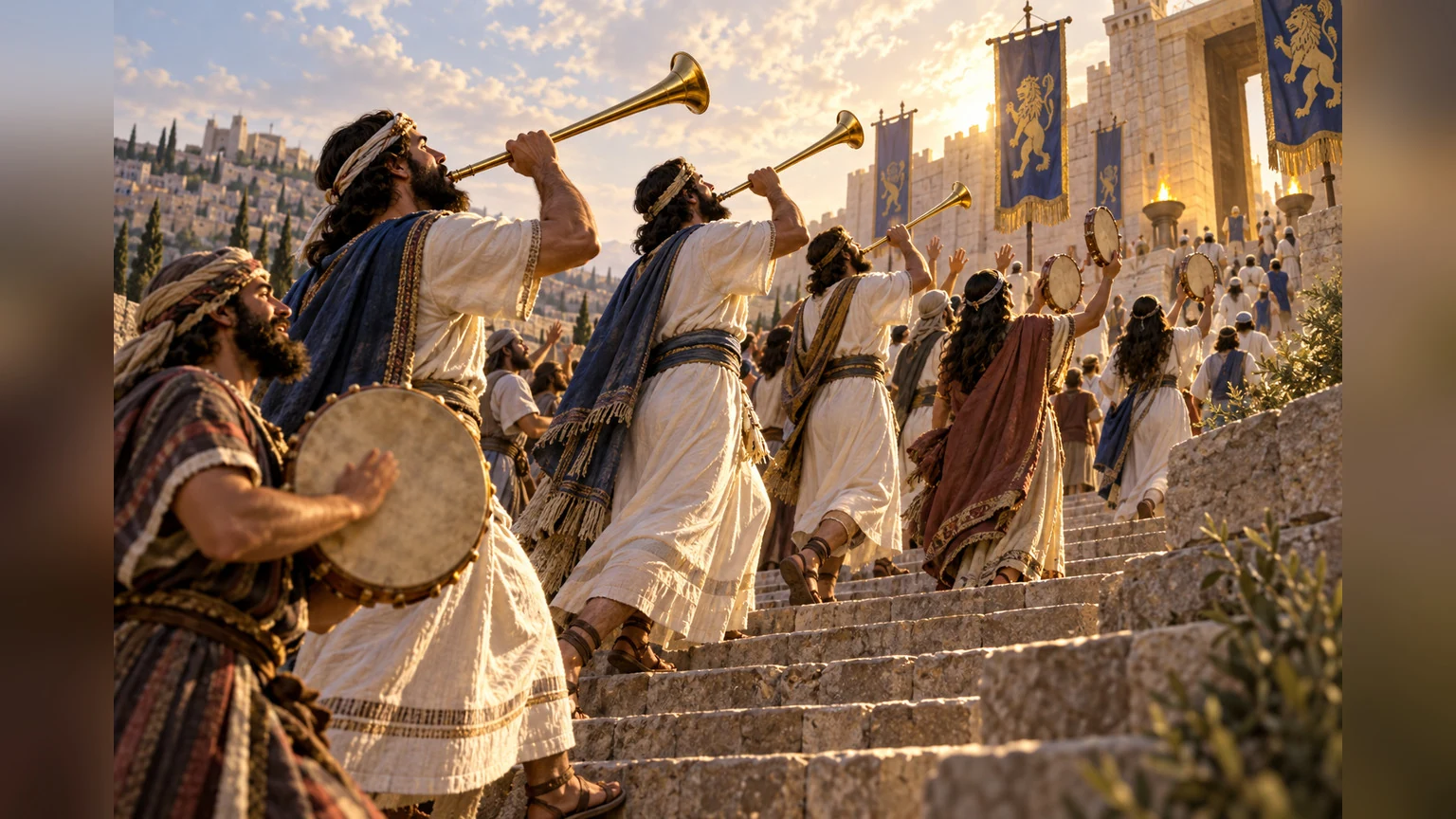 Trumpeters and singers ascend in a royal procession.