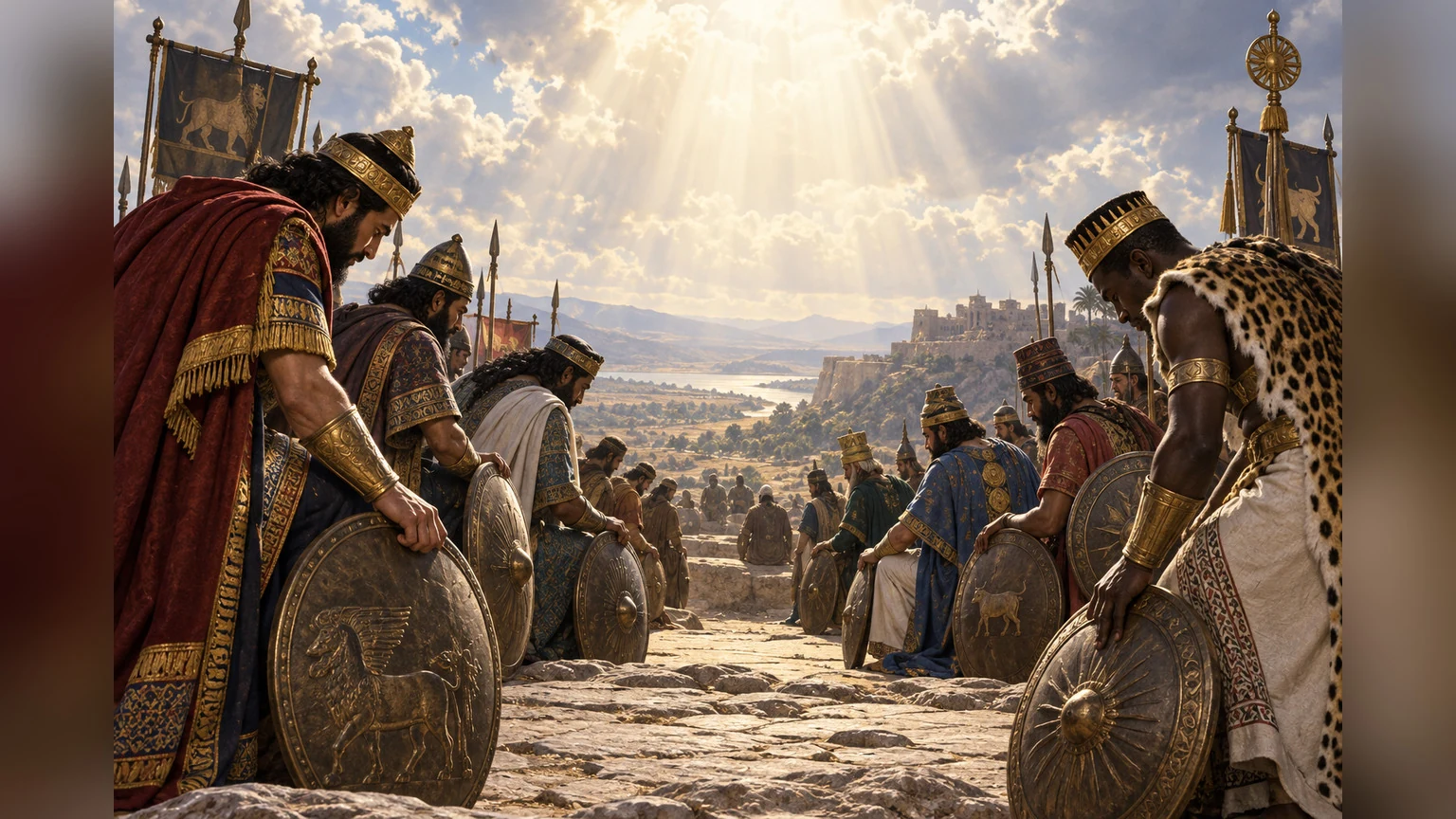 Rulers gather with shields lowered beneath an open sky.