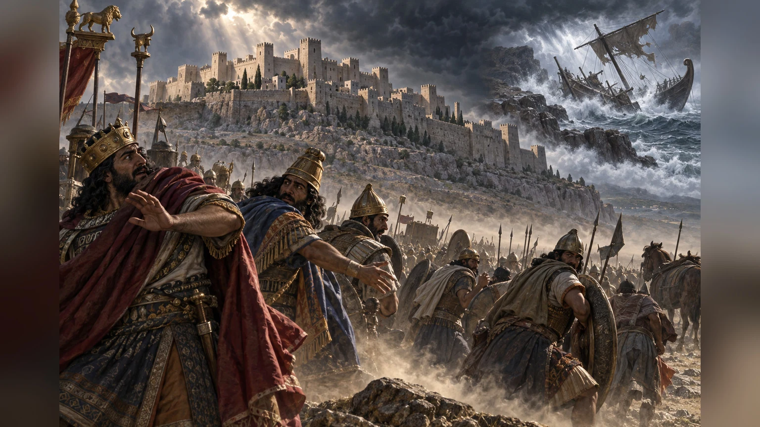 Advancing kings recoil as a storm batters a trading ship.