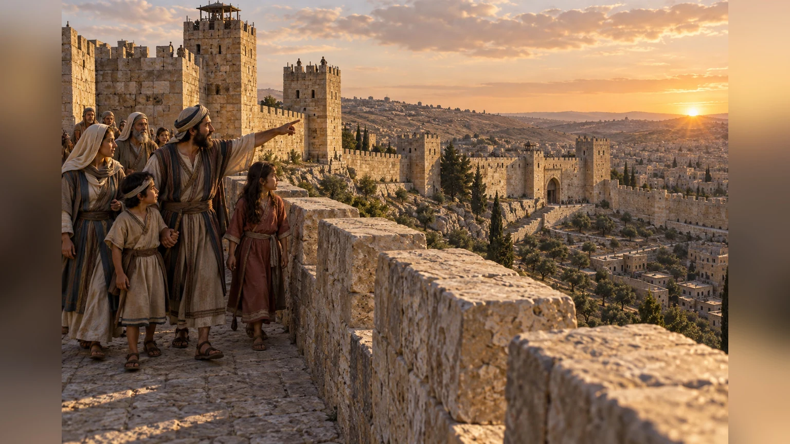 Adults walk the city walls with children and count towers.