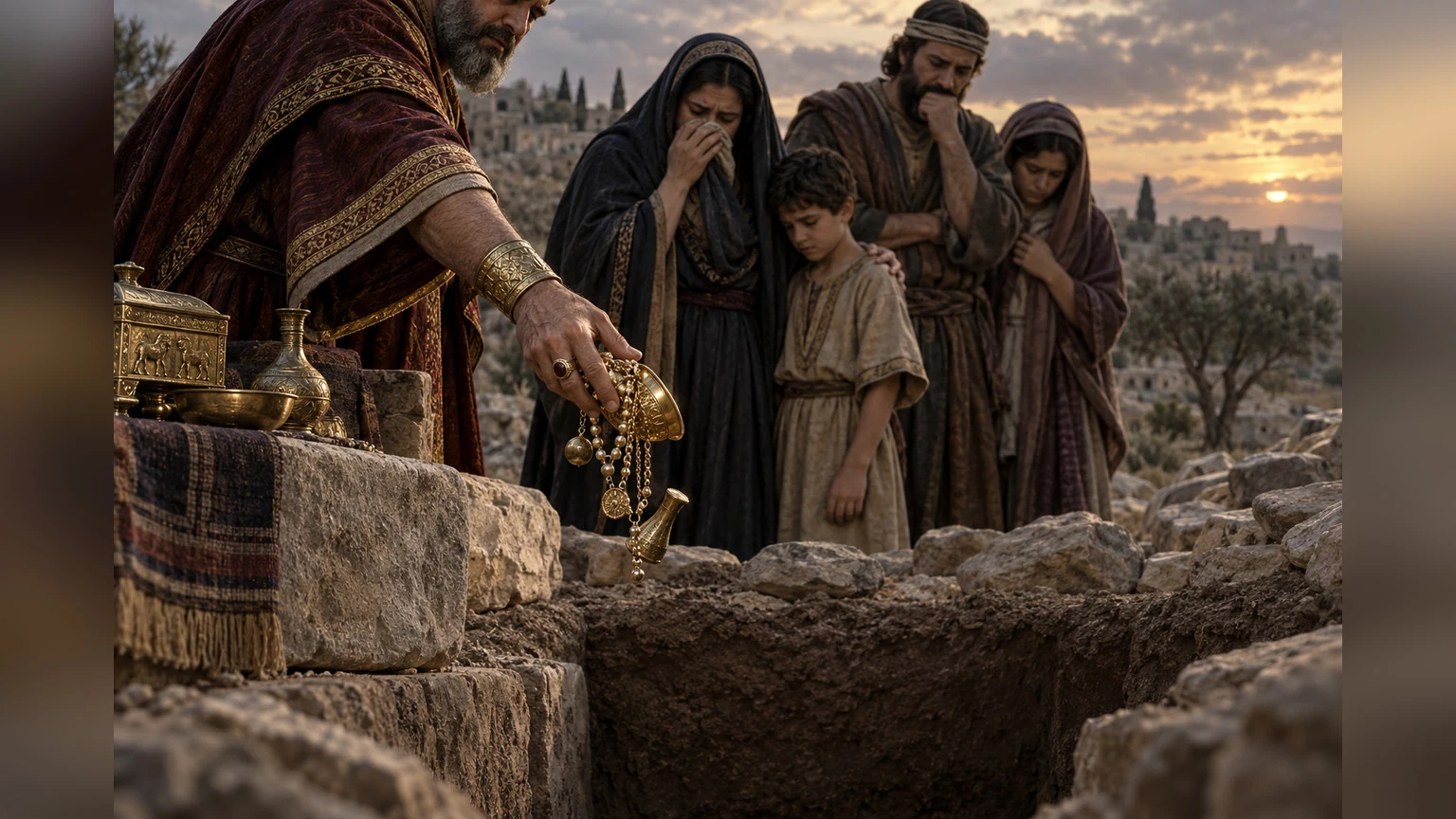 A wealthy hand offers treasure at a grave's edge.