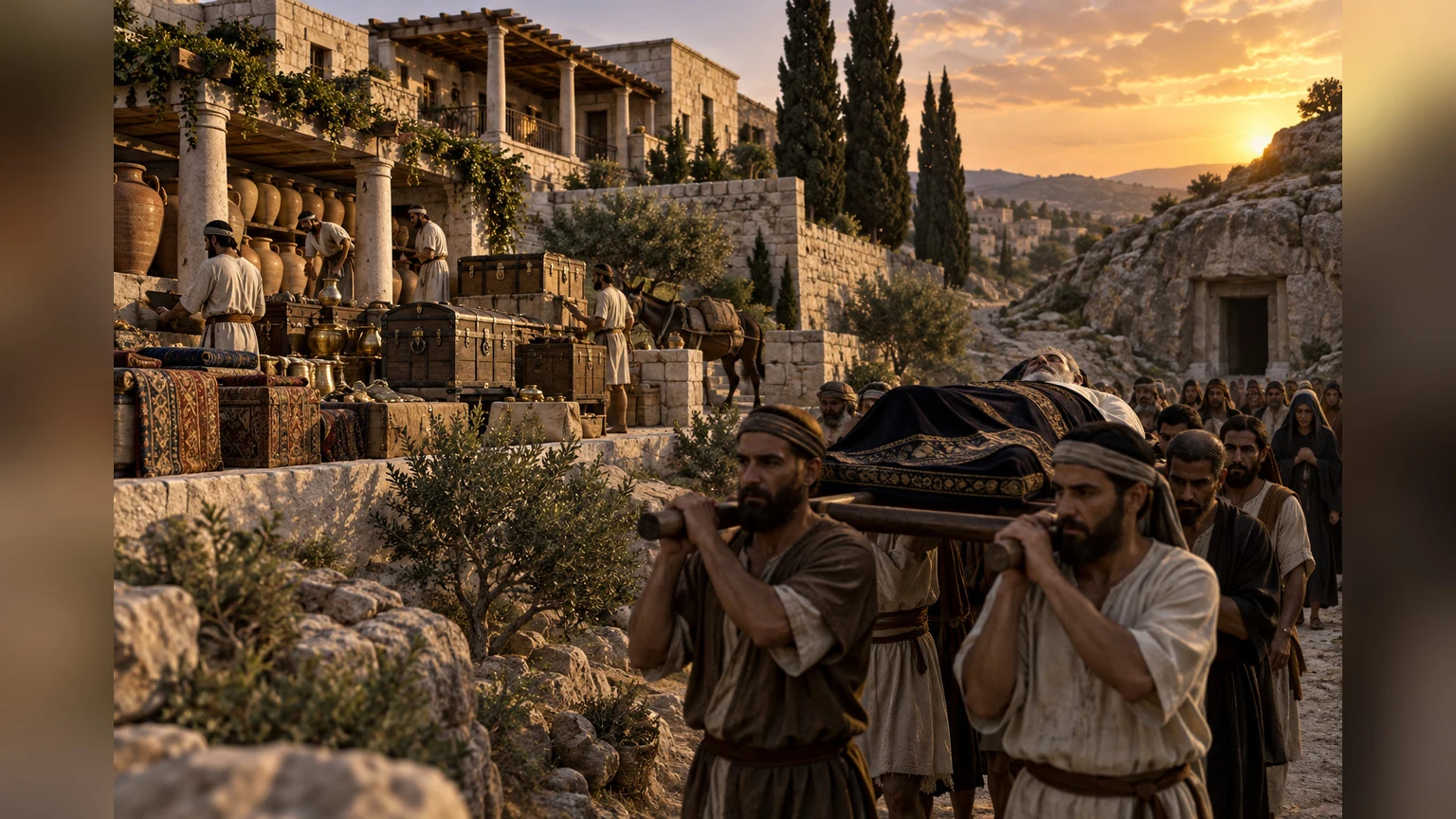 Stored riches remain as their owner is carried to burial.