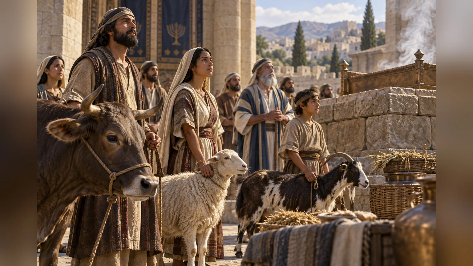 Worshipers pause beside offerings and listen.