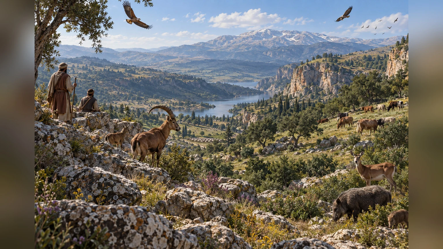 Forest animals, birds and cattle fill the hills.