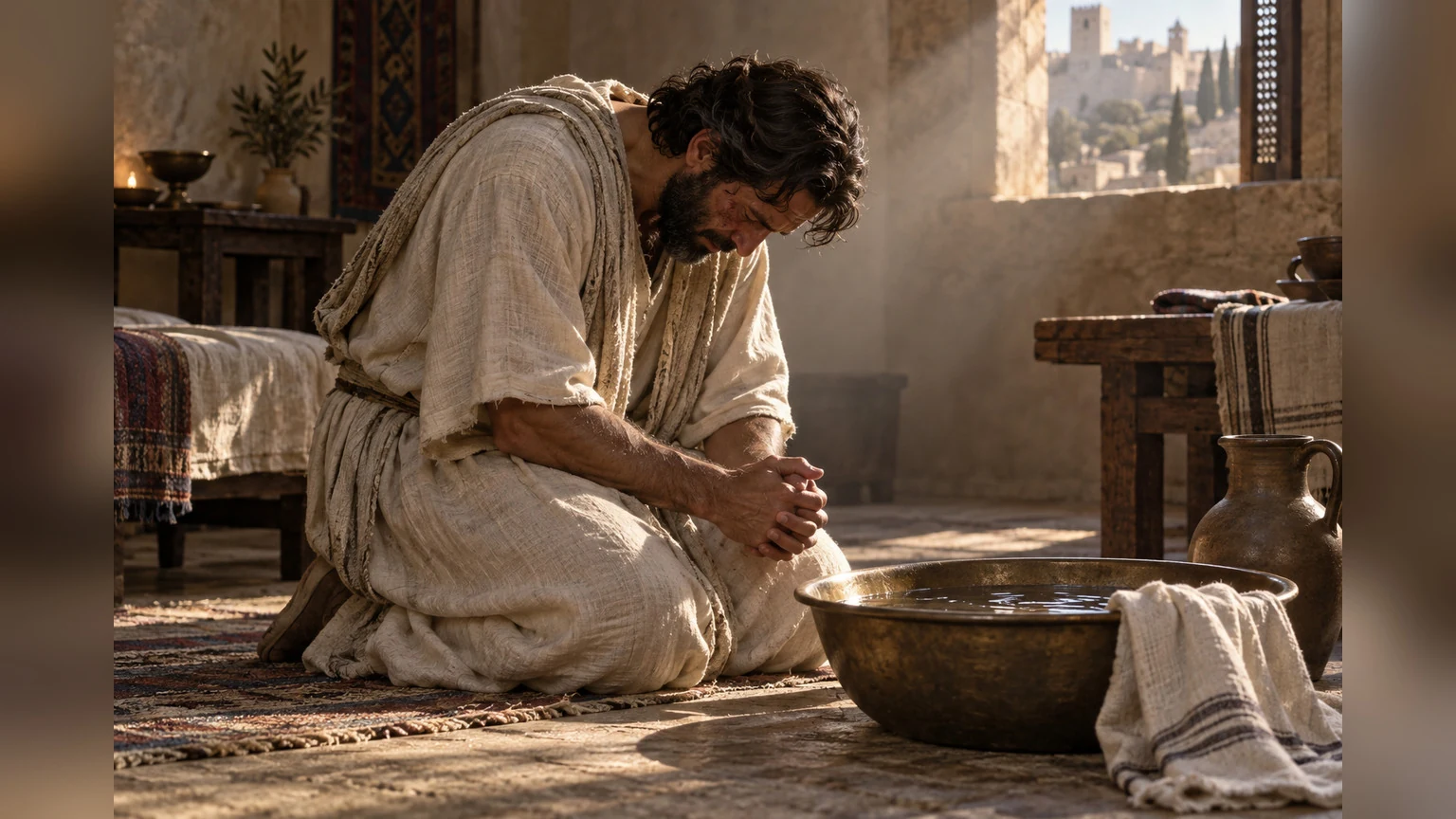 David bows beside a washing basin in a quiet chamber.