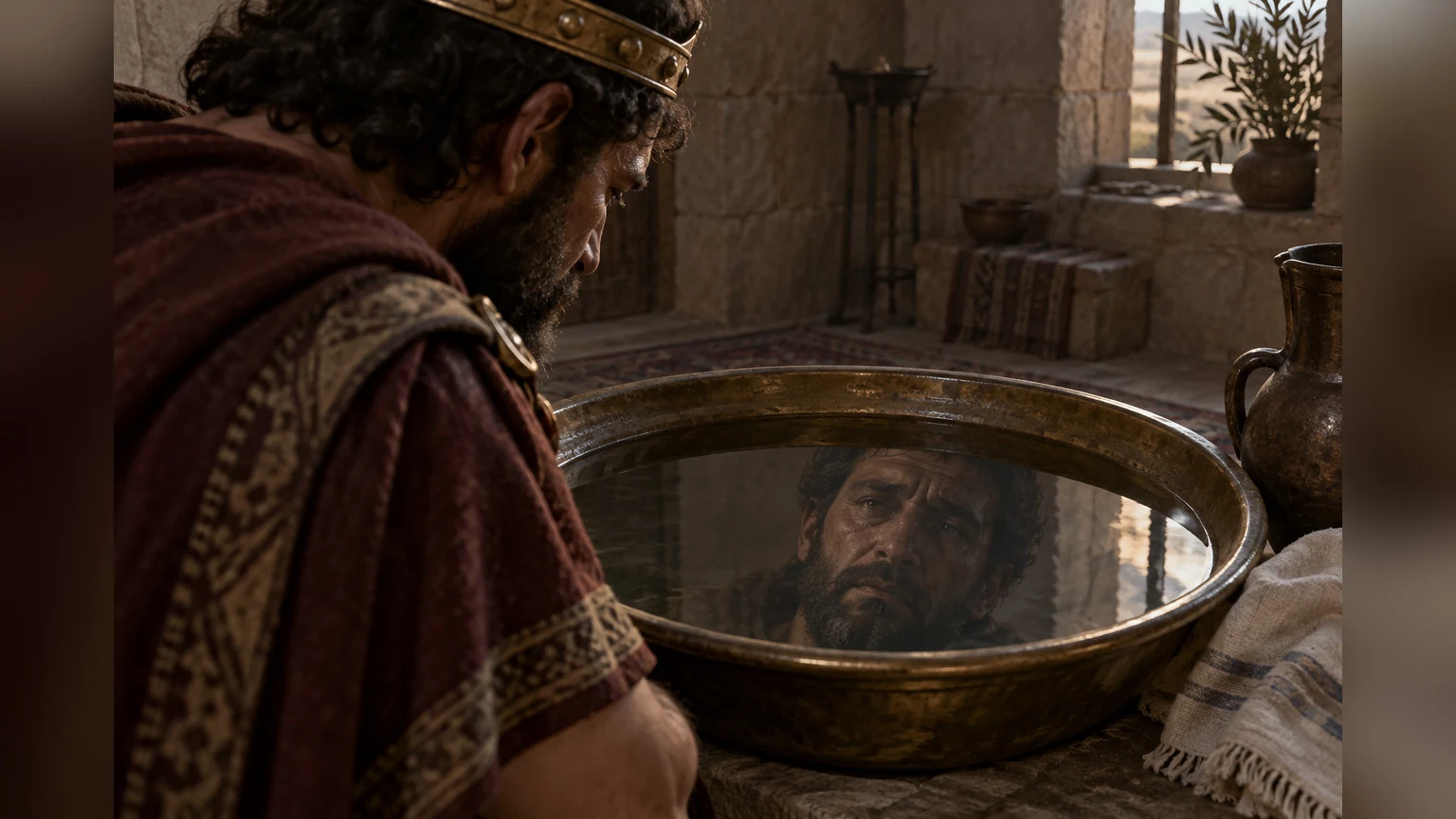 David faces his reflection in still water.